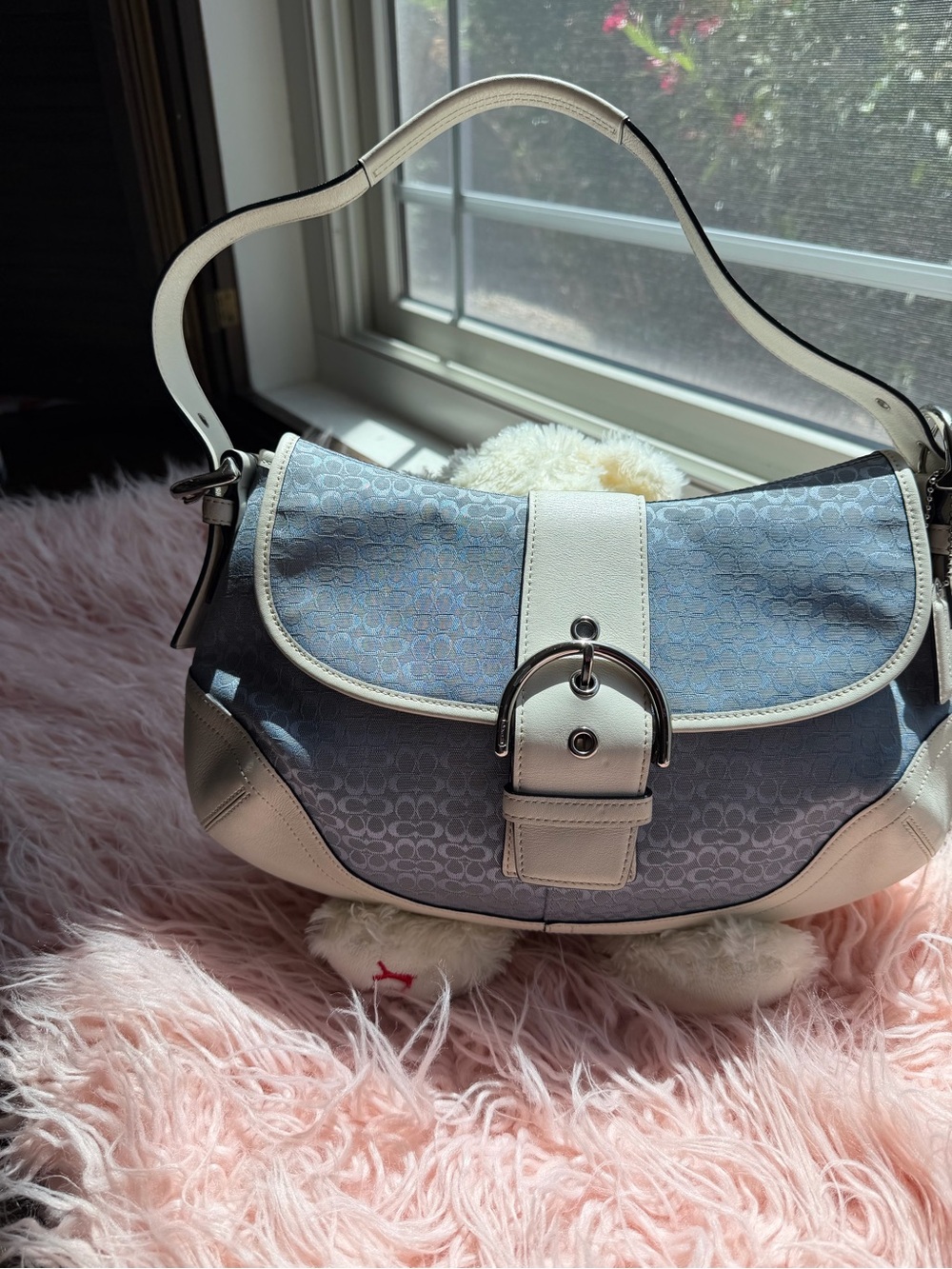 Coach Blue Signature Canvas Shoulder Bag with White Leather SoHo size large